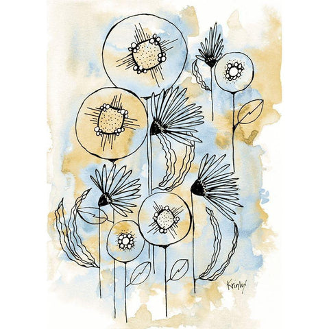 Yellow and Blue Blooms I Black Modern Wood Framed Art Print by Krinlox