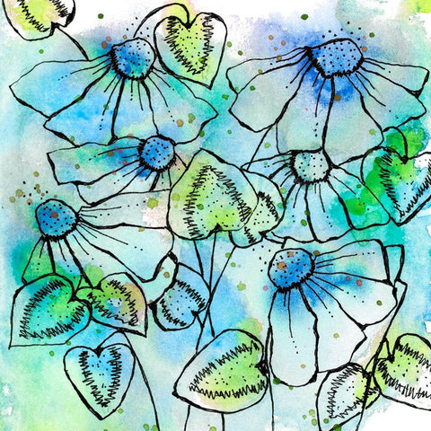 Blue Bursts and Blossoms Square White Modern Wood Framed Art Print with Double Matting by Krinlox