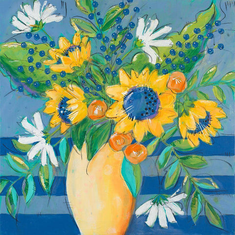 Floral Bursts Among the Blue Black Modern Wood Framed Art Print by Krinlox