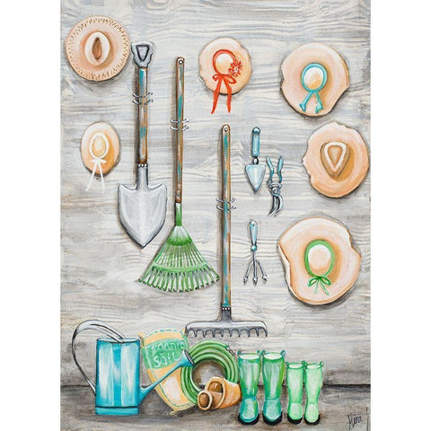 Garden Hats And Tools Black Modern Wood Framed Art Print with Double Matting by Ritter, Gina