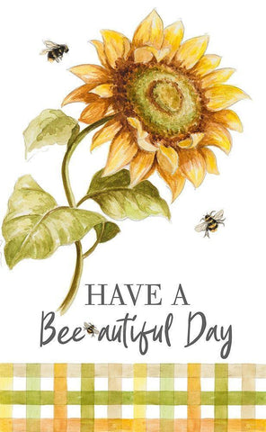 Harvest Sunflower Bee With Plaid White Modern Wood Framed Art Print with Double Matting by Pinto, Patricia