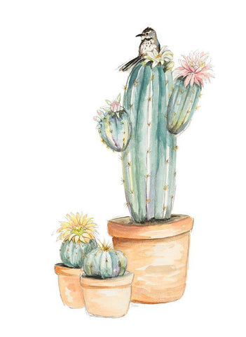 Bird On Flower Cactus Black Ornate Wood Framed Art Print with Double Matting by Pinto, Patricia