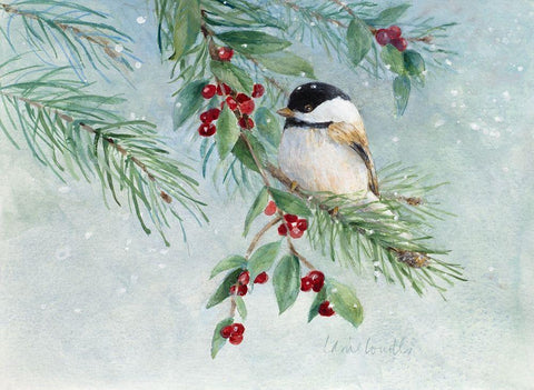 Gray-Headed Chickadee On Holly Black Ornate Wood Framed Art Print with Double Matting by Loreth, Lanie