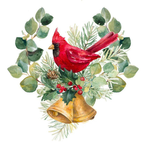 Northern Cardinal On Holiday Bells White Modern Wood Framed Art Print with Double Matting by Loreth, Lanie