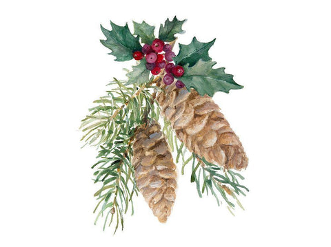 Pinecones And Holly White Modern Wood Framed Art Print with Double Matting by Loreth, Lanie