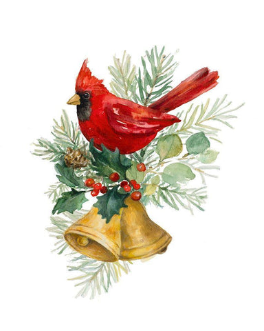 Northern Cardinal on Holiday Bells White Modern Wood Framed Art Print with Double Matting by Loreth, Lanie