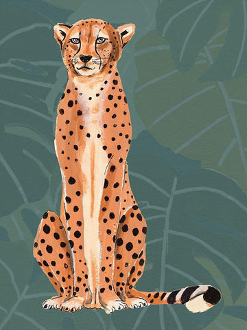 Cheetah Retro On Leaf Pattern White Modern Wood Framed Art Print with Double Matting by Pinto, Patricia