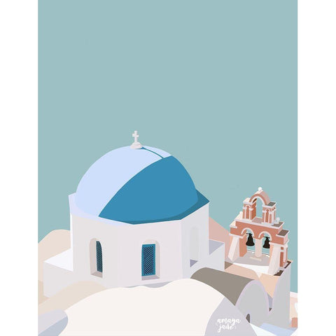 Santorini Blue Gold Ornate Wood Framed Art Print with Double Matting by Amaya