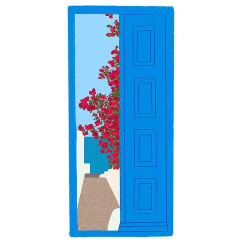 Blue Santorini Door White Modern Wood Framed Art Print by Amaya