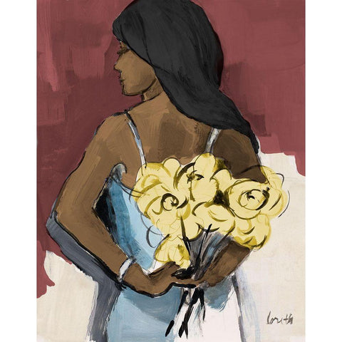 Girl With Yellow Roses White Modern Wood Framed Art Print by Loreth, Lanie