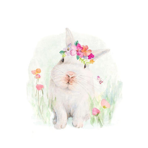 White Bunny With Flower Bonnet White Modern Wood Framed Art Print by Loreth, Lanie