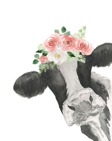 Hello Cow With Flower Crown Black Ornate Wood Framed Art Print with Double Matting by Price, Lucille