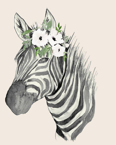 Floral Crowned Zebra White Modern Wood Framed Art Print with Double Matting by Price, Lucille