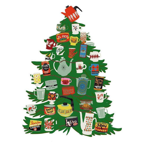 Retro Coffee Mug Christmas Tree Gold Ornate Wood Framed Art Print with Double Matting by Bucheli, Jen