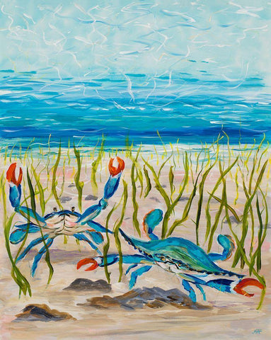 Blue Crabs White Modern Wood Framed Art Print with Double Matting by DeRice, Julie