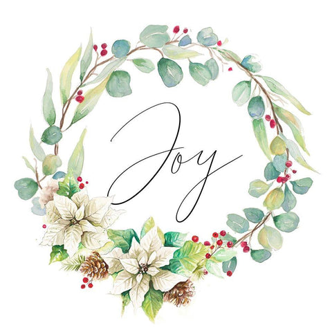 Joy Poinsettia and Eucalyptus Wreath Gold Ornate Wood Framed Art Print with Double Matting by Pinto, Patricia