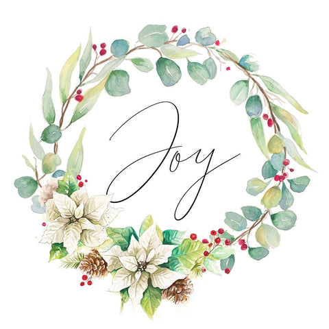 Joy Poinsettia and Eucalyptus Wreath Black Ornate Wood Framed Art Print with Double Matting by Pinto, Patricia