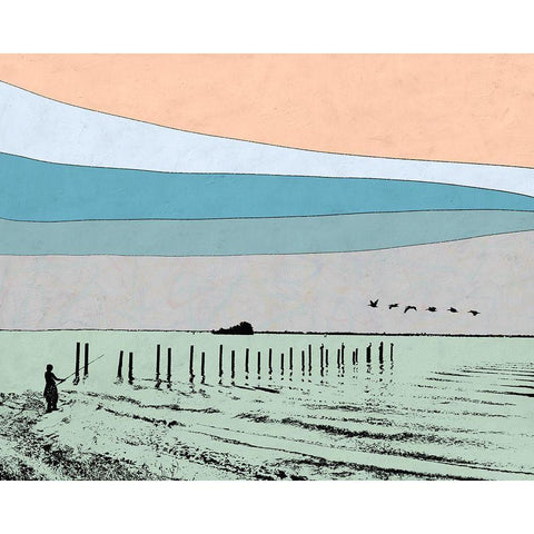 Beach Fishing White Modern Wood Framed Art Print by Tom, Ella