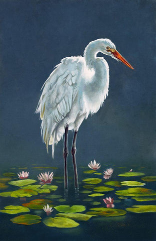 Egret Amongst The Lily Pads Black Ornate Wood Framed Art Print with Double Matting by Sheppard, Lucca