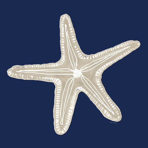 Beige Starfish On Navy II White Modern Wood Framed Art Print with Double Matting by Loreth, Lanie
