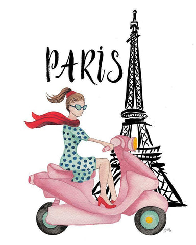 Paris By Moped White Modern Wood Framed Art Print with Double Matting by Medley, Elizabeth