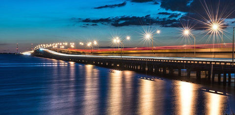 Night Bridge White Modern Wood Framed Art Print with Double Matting by Bill Carson Photography