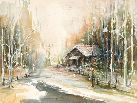 Cabin In Snowy Woods Black Ornate Wood Framed Art Print with Double Matting by Diannart