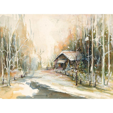 Cabin In Snowy Woods Black Modern Wood Framed Art Print by Diannart