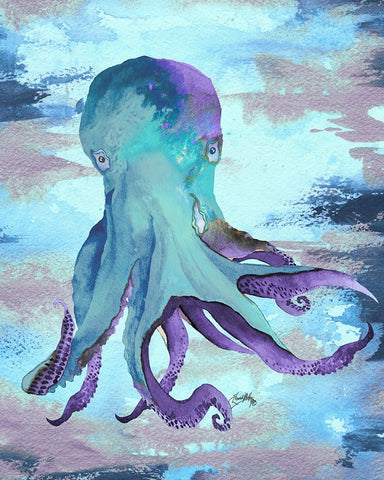 Octopus Blue White Modern Wood Framed Art Print with Double Matting by Medley, Elizabeth