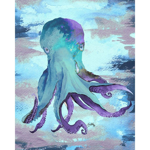 Octopus Blue White Modern Wood Framed Art Print by Medley, Elizabeth