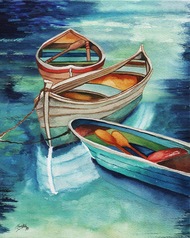 Docked Rowboats I White Modern Wood Framed Art Print with Double Matting by Medley, Elizabeth