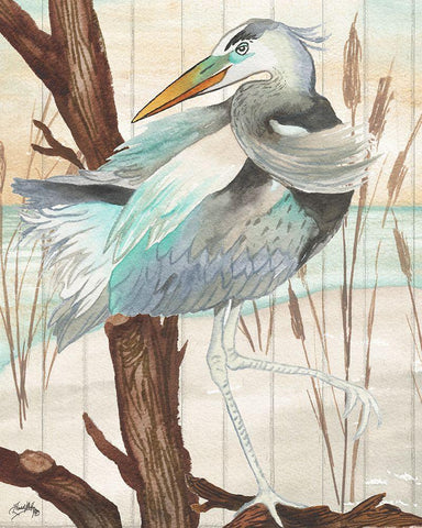 Heron On Branch II White Modern Wood Framed Art Print with Double Matting by Medley, Elizabeth