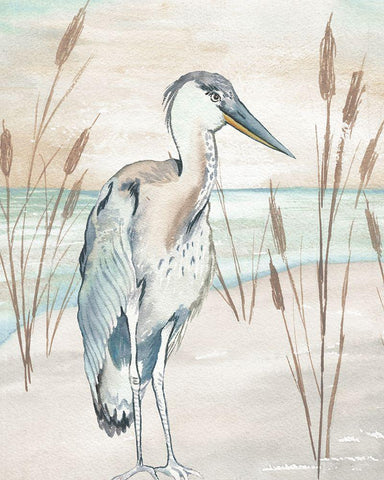 Heron By Beach Grass I Black Ornate Wood Framed Art Print with Double Matting by Medley, Elizabeth