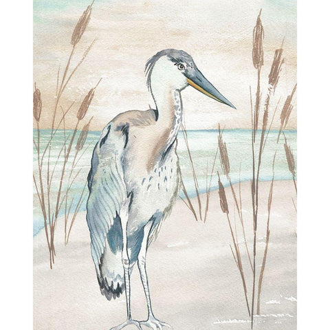 Heron By Beach Grass I White Modern Wood Framed Art Print by Medley, Elizabeth