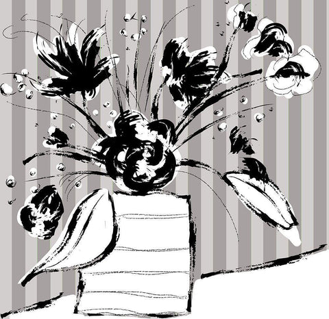 Floral Arrangement On Stripes Black Ornate Wood Framed Art Print with Double Matting by Mosher, Deidre