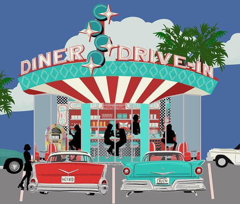 Retro Diner Outside White Modern Wood Framed Art Print with Double Matting by Bucheli, Jen
