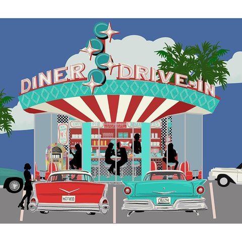 Retro Diner Outside Black Modern Wood Framed Art Print by Bucheli, Jen