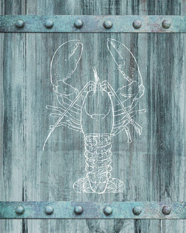 White Lobster Painted On Blue Wood White Modern Wood Framed Art Print with Double Matting by Meneely, Dan