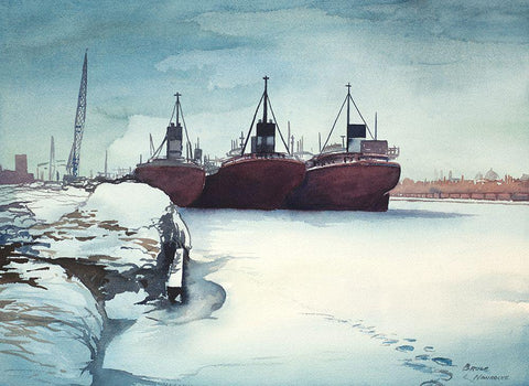 Frozen Dock Black Ornate Wood Framed Art Print with Double Matting by Nawrocke, Bruce