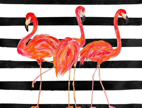 Fondly Flamingo Trio on Stripe Black Ornate Wood Framed Art Print with Double Matting by DeRice, Julie
