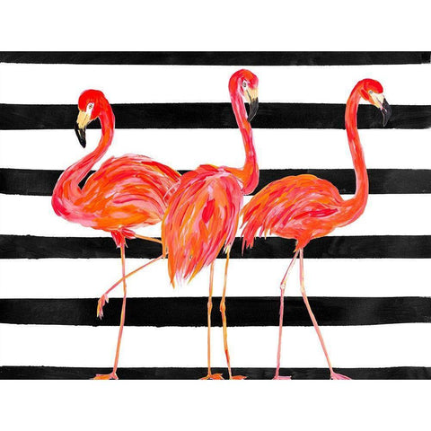 Fondly Flamingo Trio on Stripe Black Modern Wood Framed Art Print with Double Matting by DeRice, Julie