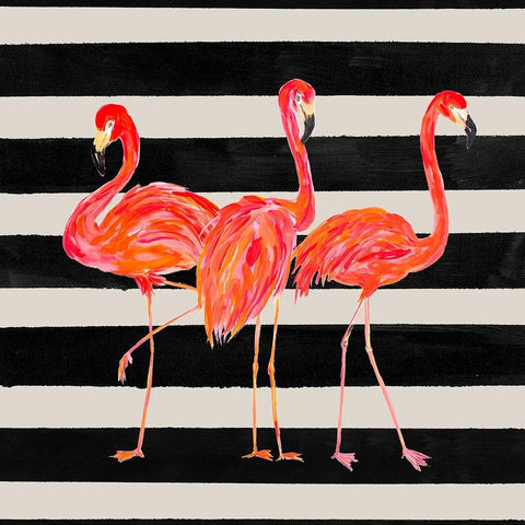Fondly Flamingo Trio Square on Stripe Gold Ornate Wood Framed Art Print with Double Matting by DeRice, Julie