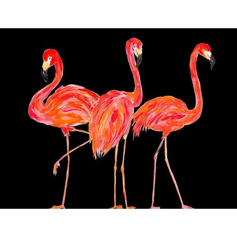 Trio of Flamingos on Black White Modern Wood Framed Art Print by DeRice, Julie