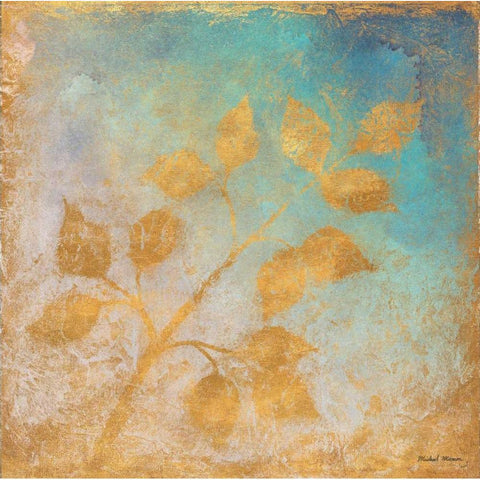 Gold Leaves on Blues I Gold Ornate Wood Framed Art Print with Double Matting by Marcon, Michael