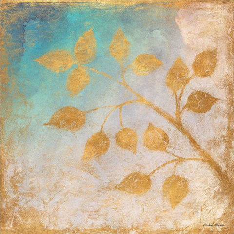 Gold Leaves on Blues II White Modern Wood Framed Art Print with Double Matting by Marcon, Michael