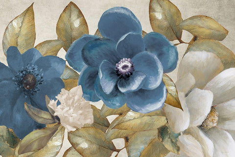 Russio Blue Magnolias Black Ornate Wood Framed Art Print with Double Matting by Loreth, Lanie