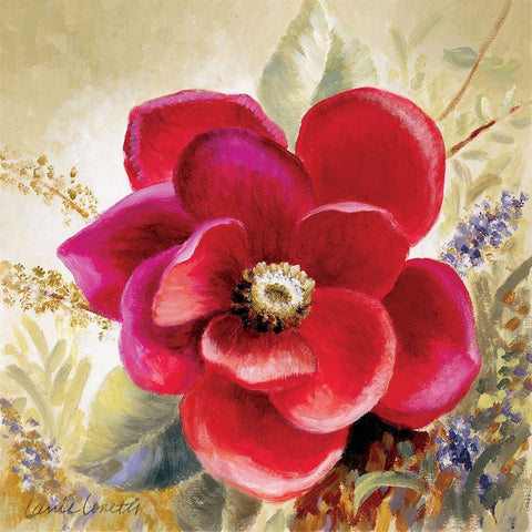 Russio Red Magnolia II Gold Ornate Wood Framed Art Print with Double Matting by Loreth, Lanie