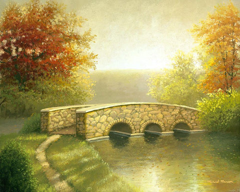 Autumn Bridge I White Modern Wood Framed Art Print with Double Matting by Marcon, Michael