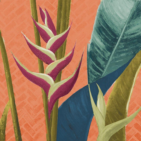 Heliconias with Leaves on Orange Gold Ornate Wood Framed Art Print with Double Matting by Pinto, Patricia