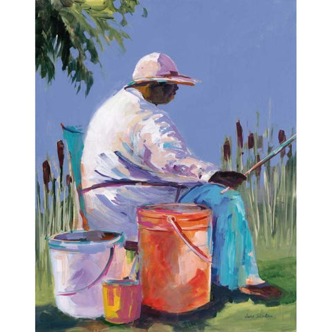 Sisters Fishing I Black Modern Wood Framed Art Print with Double Matting by Slivka, Jane